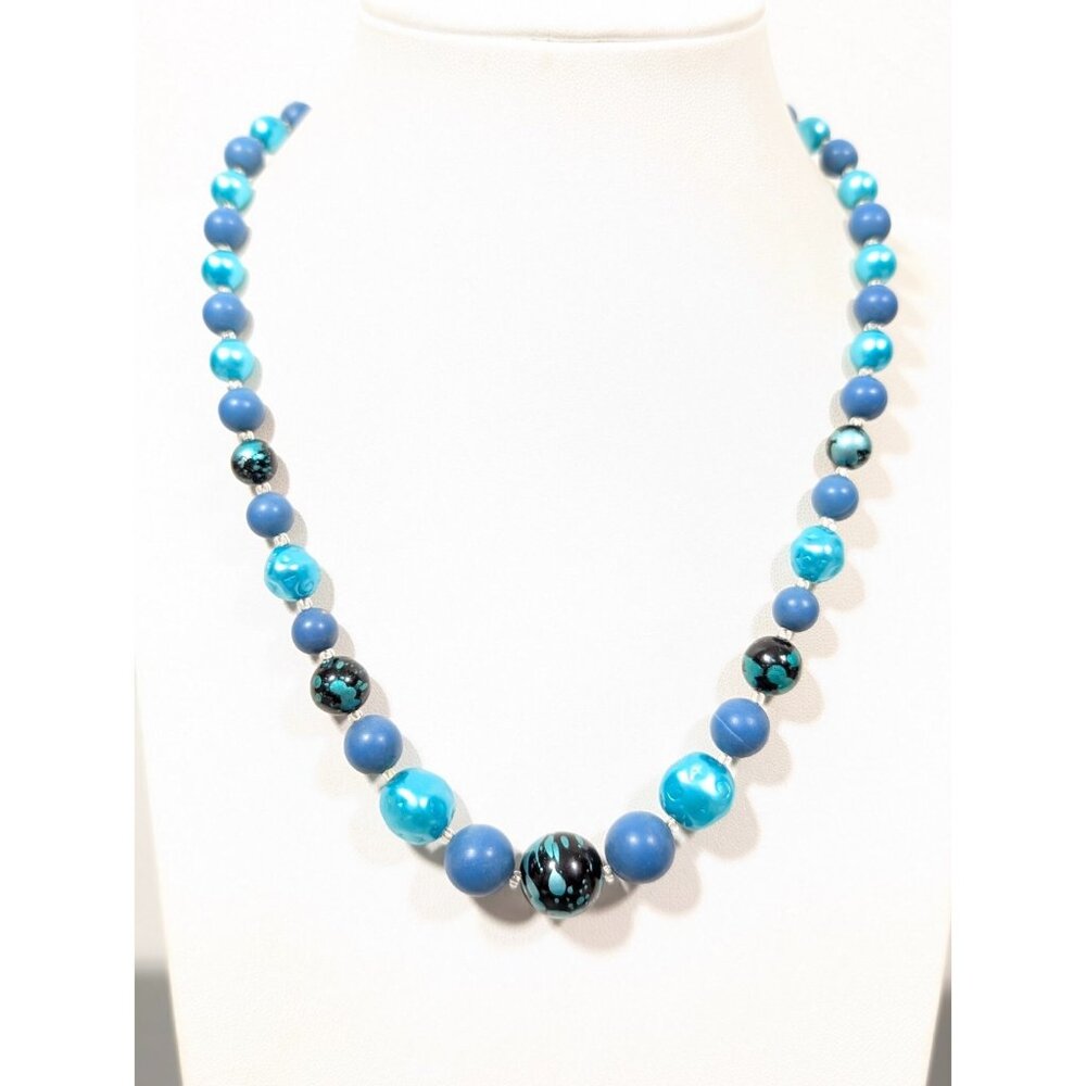 Vintage Japan Blue Lucite Faux Pearl Graduated Bead Adjustable Necklace 21" MCM